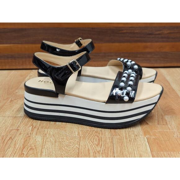 HOGAN womens platform sandals size EU 37.5 US 7 white and black ankle strap - Picture 4 of 9